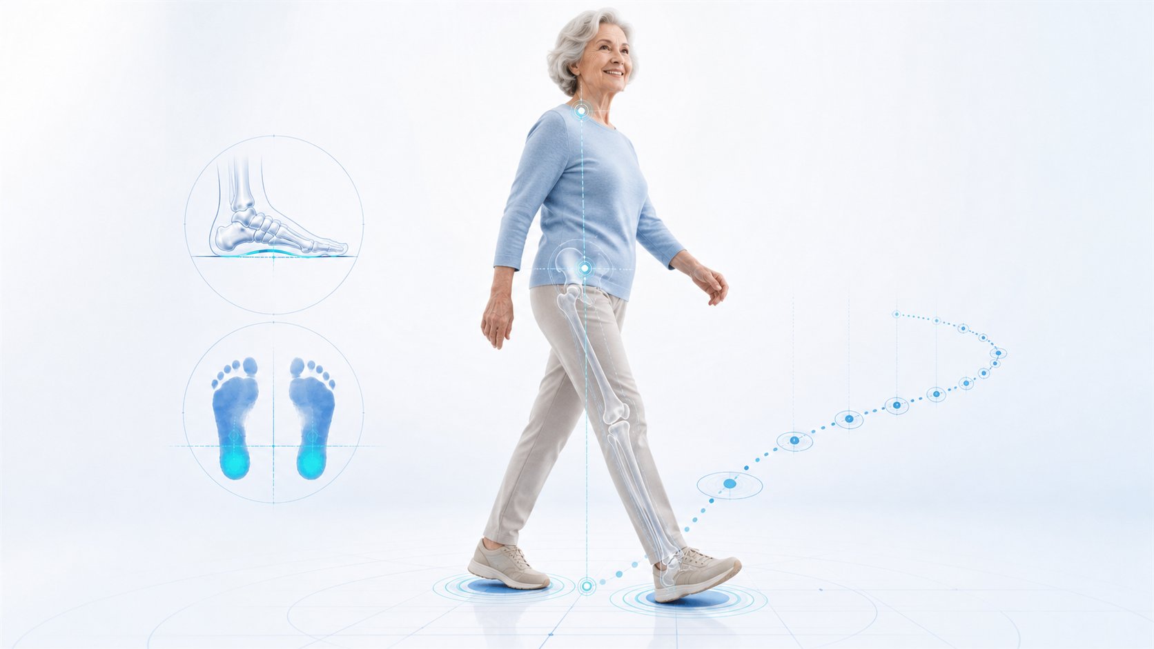 Persona mayor caminando con referencias biomecánicas de equilibrio y apoyo